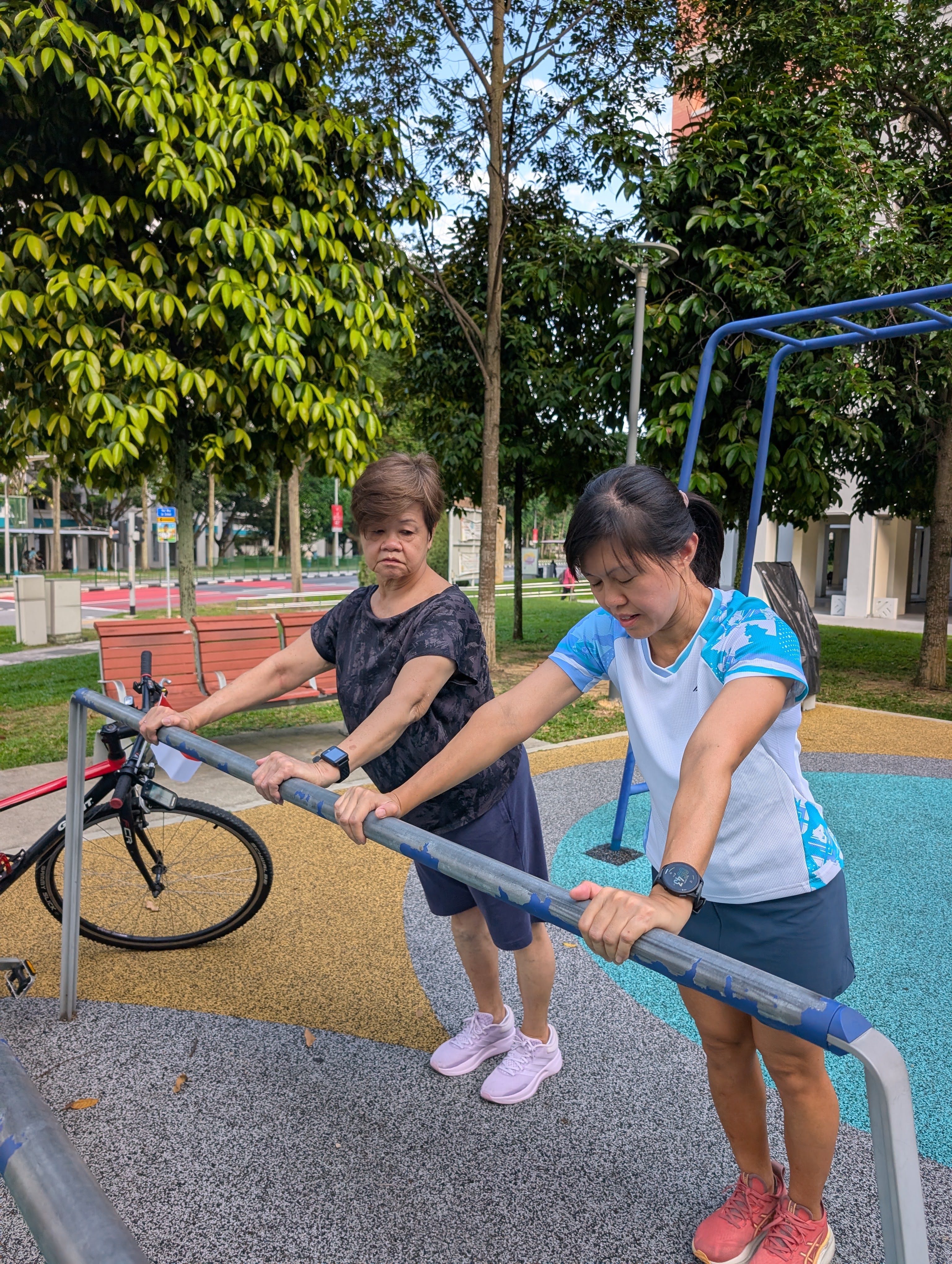 Liza coaching her mother through a supported pulling exercise on outdoor park bars
